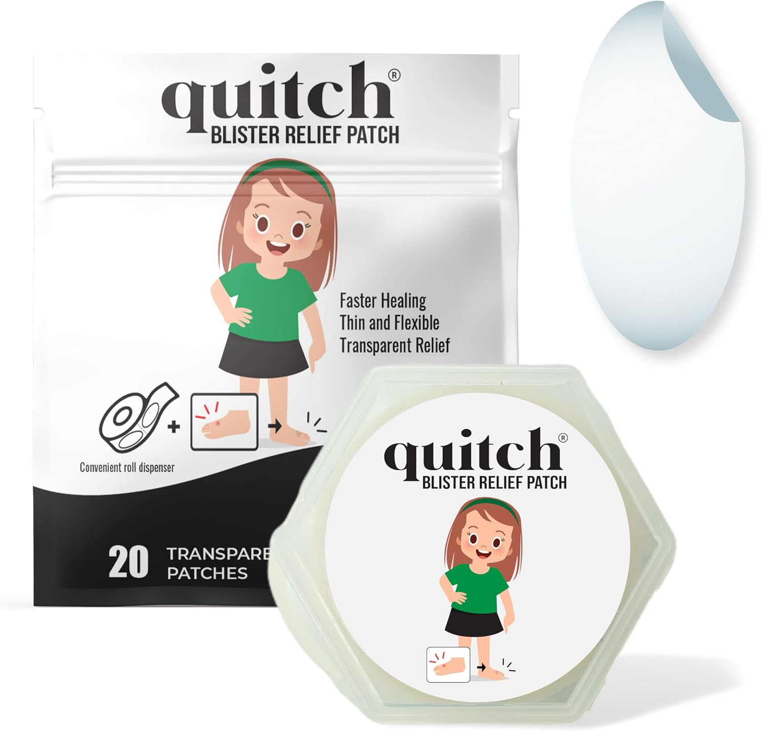 Quitch hydrocolloid waterproof blister bandages front view showcasing the travel roll dispenser.