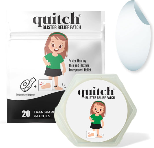 Quitch hydrocolloid waterproof blister bandages front view showcasing the travel roll dispenser.