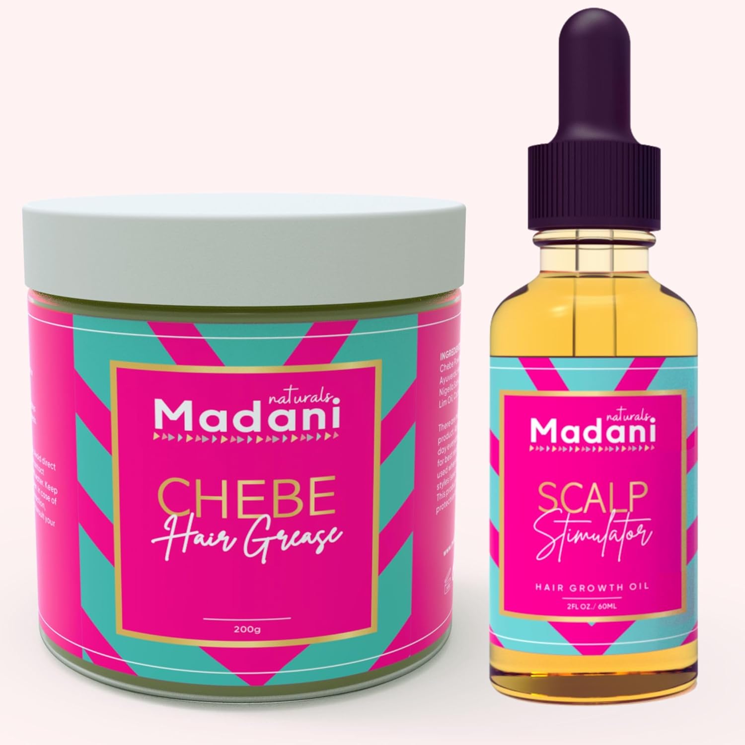 Madani Naturals Hair Growth Combo Set front view showing the Chebe Hair Grease jar and Scalp Stimulator Oil bottle for hair regrowth treatment