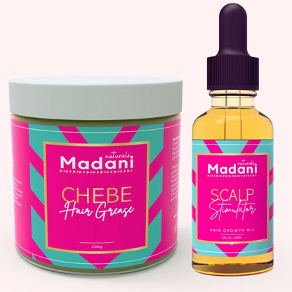 Madani Naturals Hair Growth Combo Set front view showing the Chebe Hair Grease jar and Scalp Stimulator Oil bottle for hair regrowth treatment