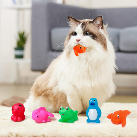 Yopetox cat water play pool with six floating fish toys for indoor feline enrichment.
