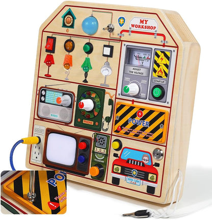 JAUNTY Montessori Wooden Busy Board front view showing LED light switches and interactive car steering wheel toy.