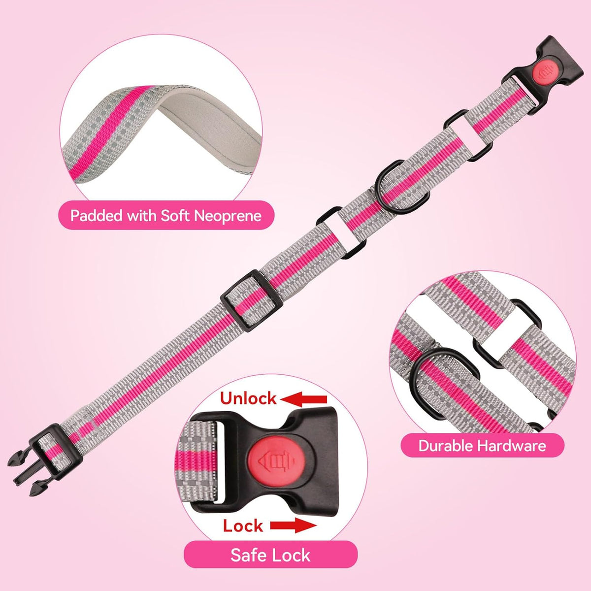 Hotpink martingale collar for dogs with secure safety locking buckle close up