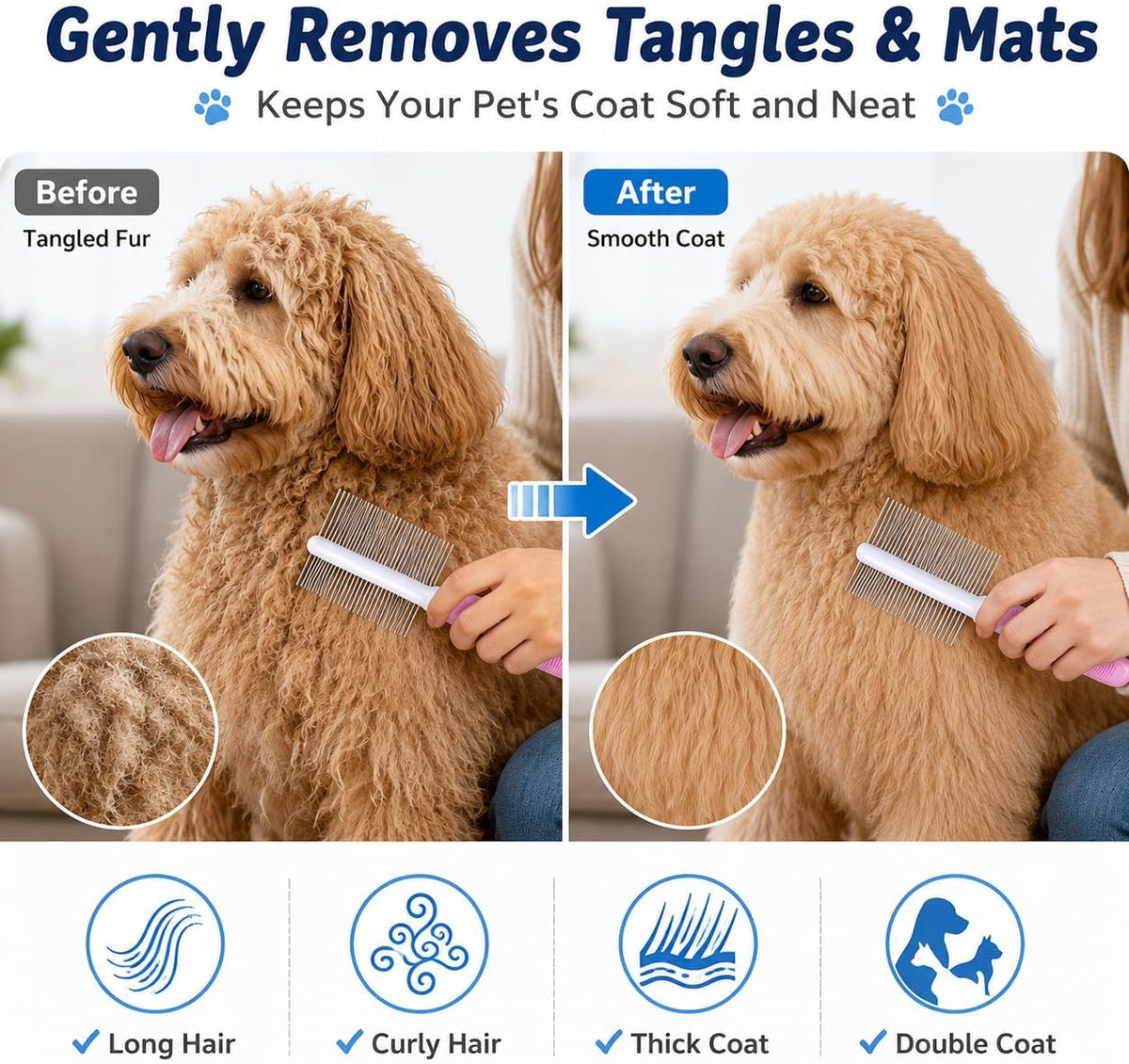 Close up of Pet Believe grooming comb stainless steel pins