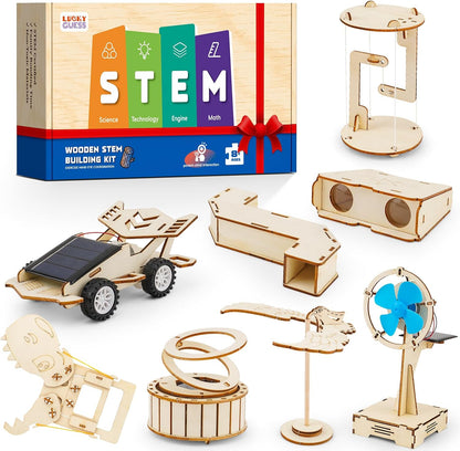 Lucky Guess 8 in 1 STEM Science Kit box front view showing assorted wooden physics experiments.