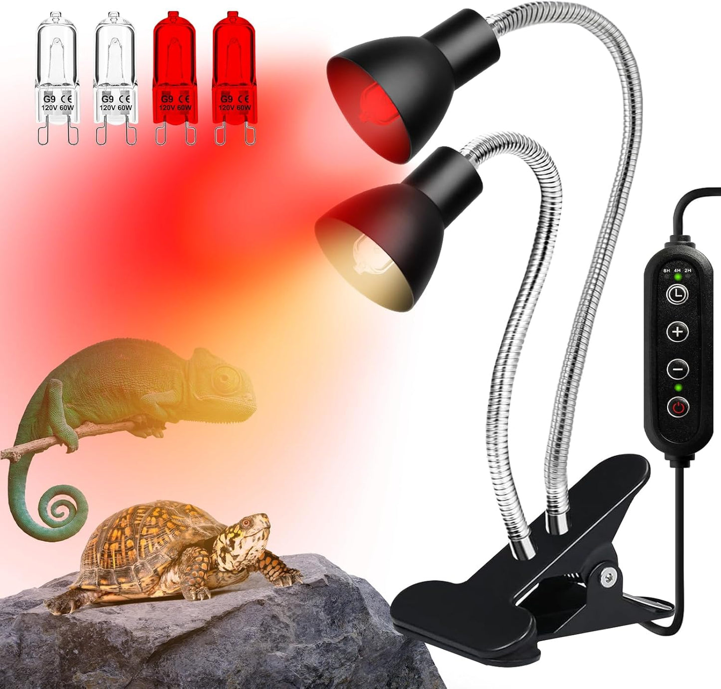 Jaenmsa Reptile Heat Lamp front view showing dual gooseneck arms and mounting clamp.