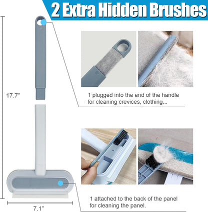 Reusable pet hair removal brush showing hidden crevice tool