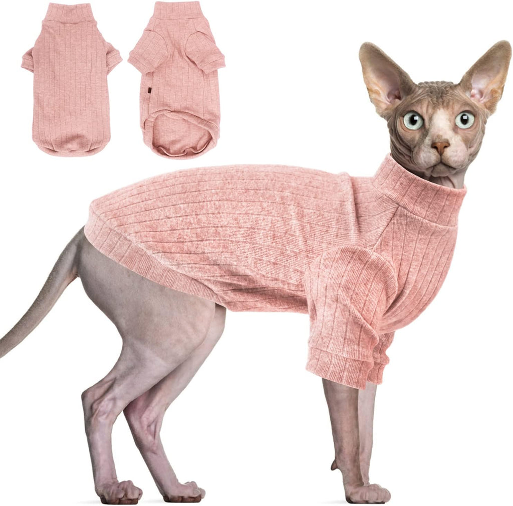 Idepet Sphynx hairless cat sweater pink turtleneck pullover front view