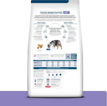 Hill's Pet Nutrition zd Hydrolyzed Soy dry dog food packaging highlighting food sensitivity care.