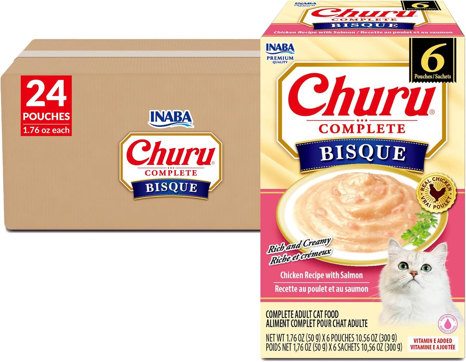 Silky smooth chicken purÃ©e wet cat food being poured from the pouch
