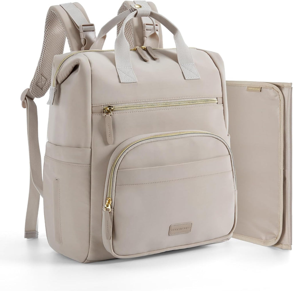 Mommore small neoprene diaper bag backpack front view showcasing taupe mist color and pocket layout.