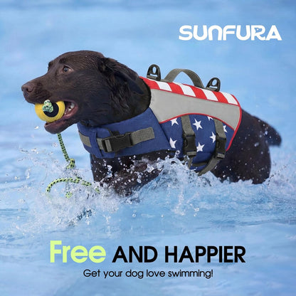 Authentic imported SUNFURA dog safety swimming wear flat layout detailing high density foam