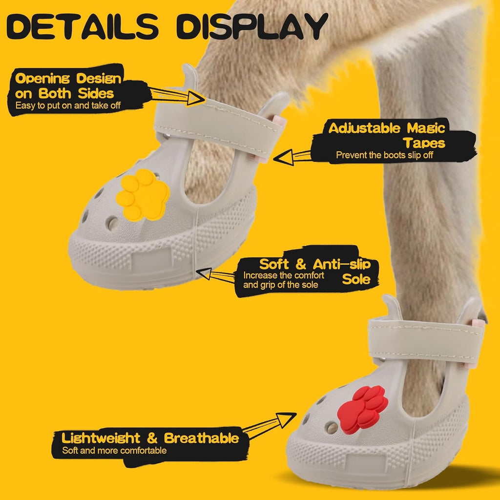 Side profile of beige dog shoes with reflective strap