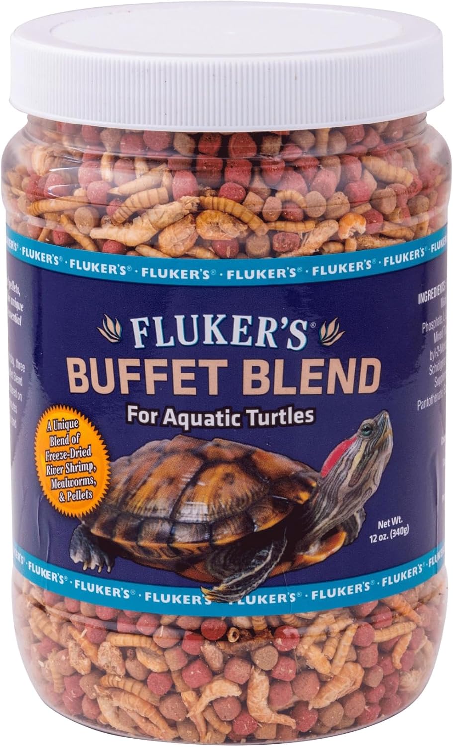 Fluker's Buffet Blend Aquatic Formula Turtle Food front view of twelve ounce packaging