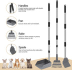 Stainless steel dog poop tray and rake with long adjustable handle.