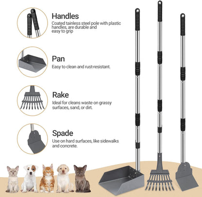 Stainless steel dog poop tray and rake with long adjustable handle.