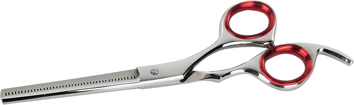 Laazar dog and cat thinning shears displayed with protective leather case