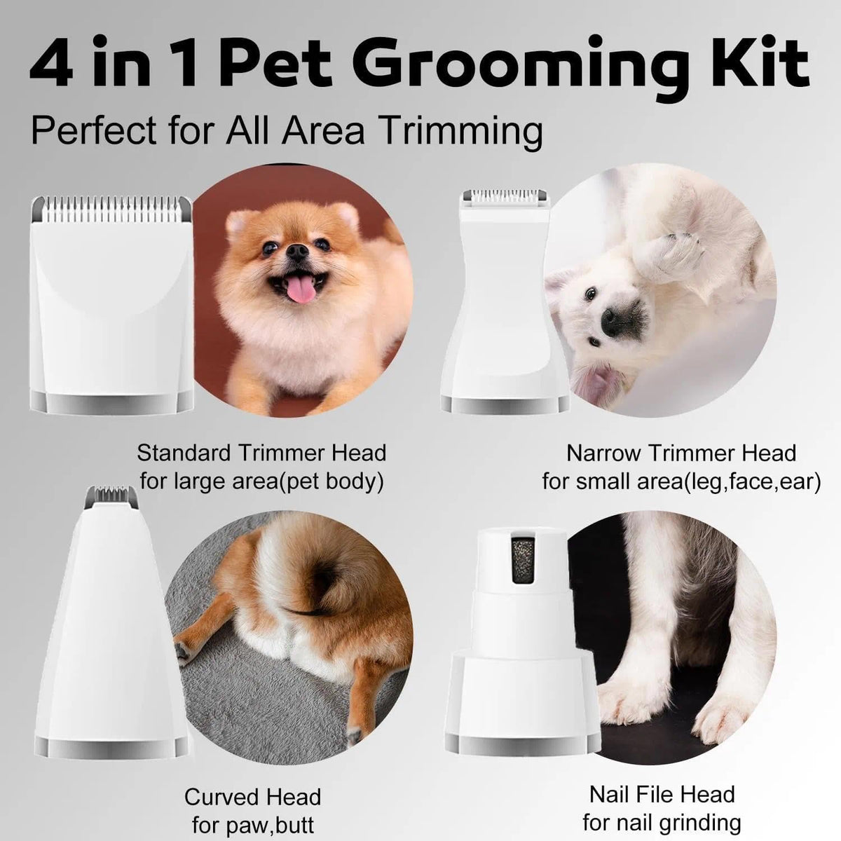 GenÃ©rico quiet pet hair trimmer showing the specialized narrow blade attachment designed for dog paws and ears.