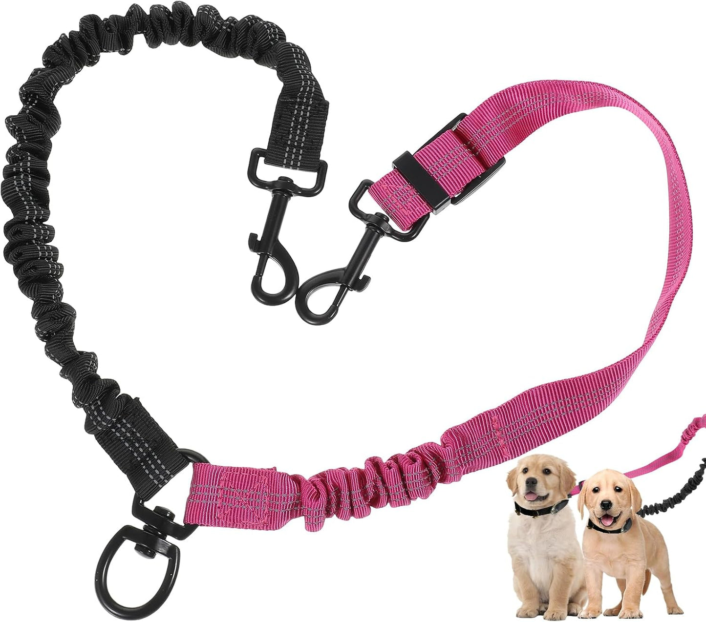 Molain Double Dog Leash Coupler front view showing the 360 degree swivel attachment and dual black straps.