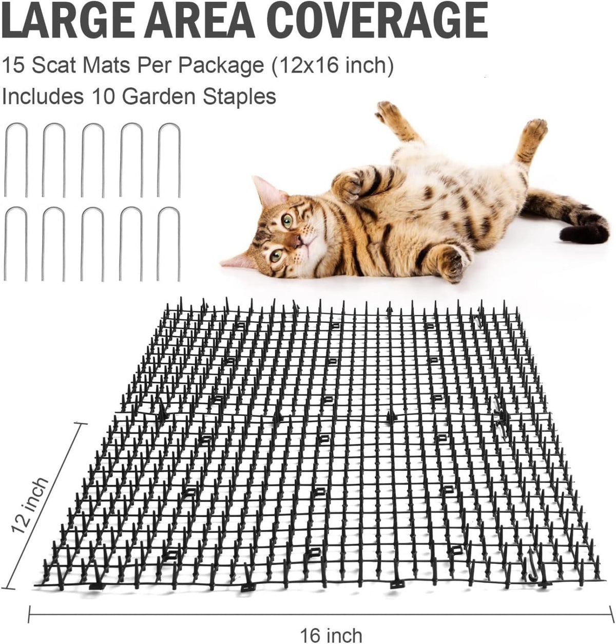 Included U-shaped garden staples for Pomeat mat anchoring