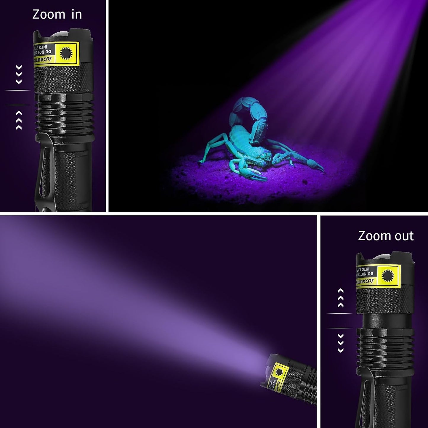 EOWCO mini ultraviolet blacklight detector revealing hidden pet urine stains on a living room carpet.