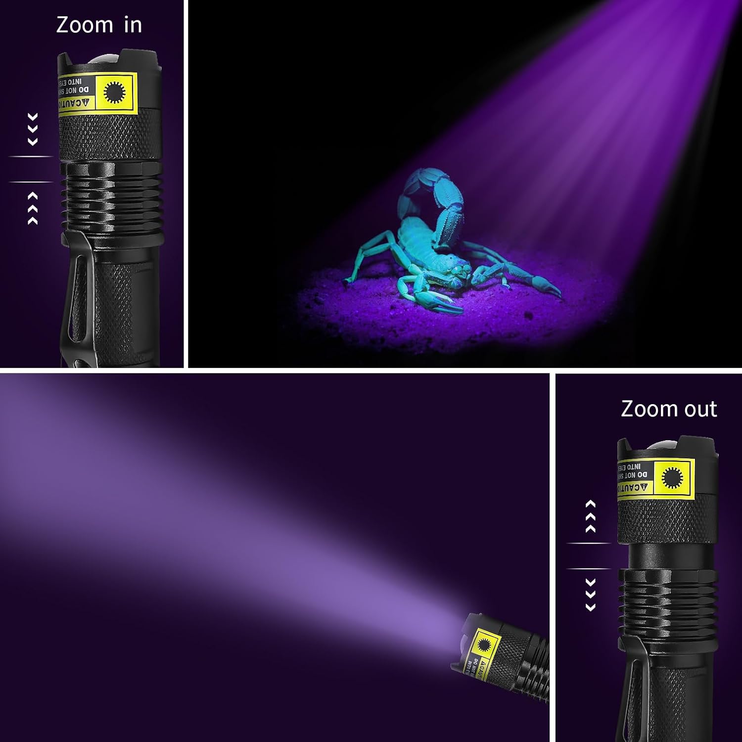 EOWCO mini ultraviolet blacklight detector revealing hidden pet urine stains on a living room carpet.