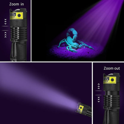 EOWCO mini ultraviolet blacklight detector revealing hidden pet urine stains on a living room carpet.