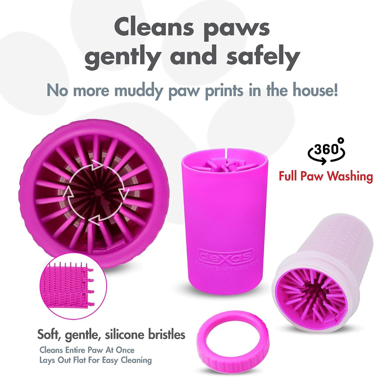 Dexas MudBuster pink paw washer angled view showing the top opening and internal silicone bristles