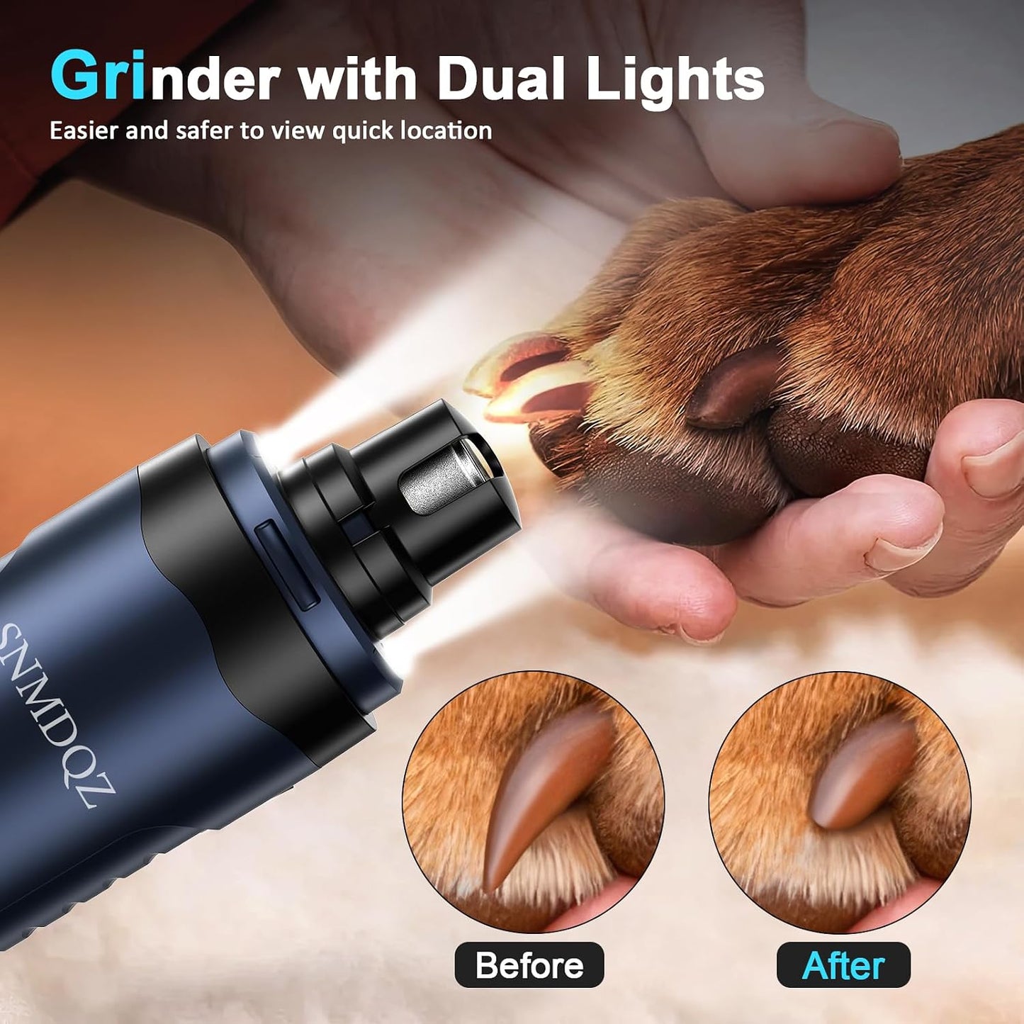 SNMDQZ pet nail grooming tool showing LED light feature
