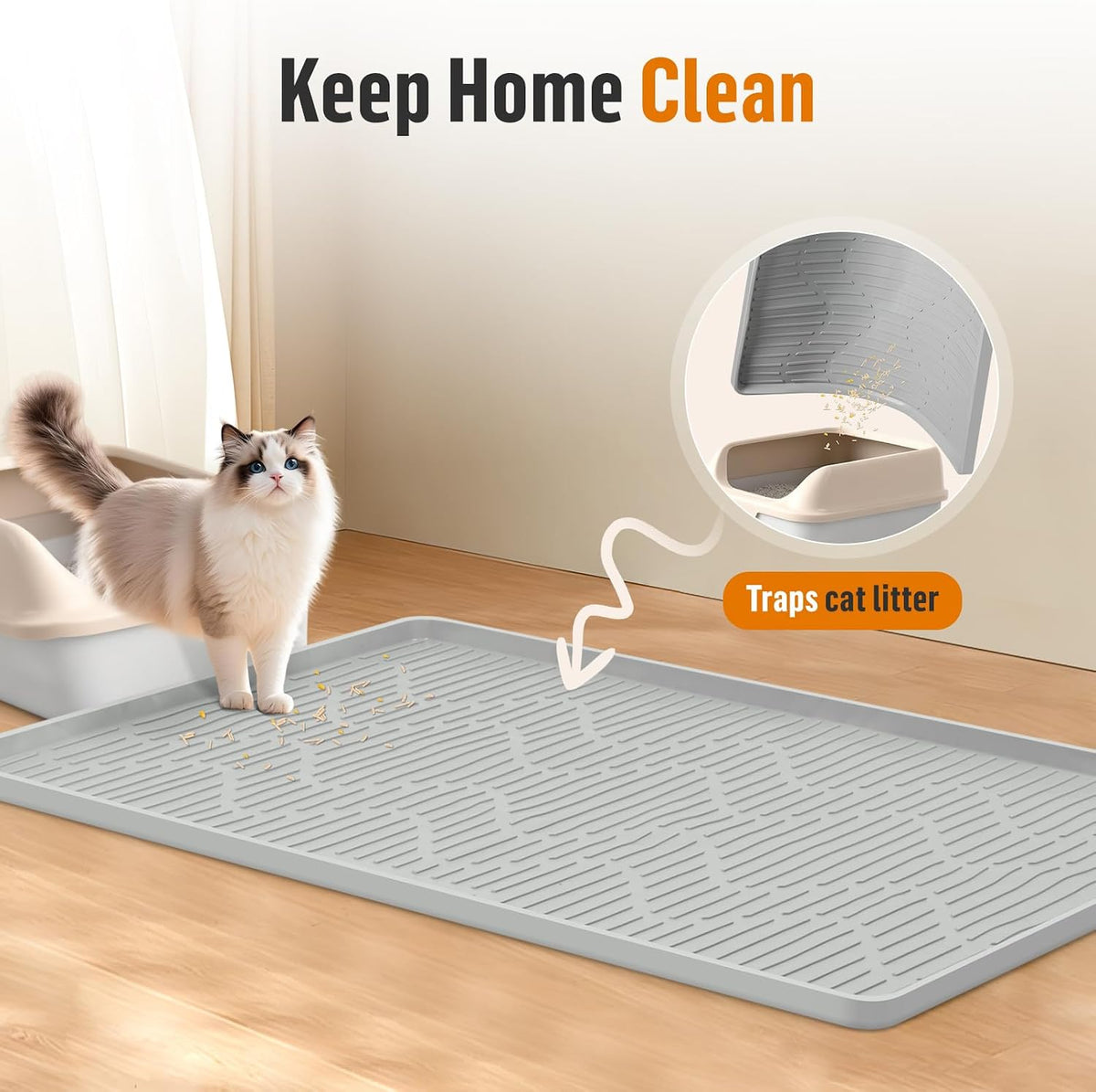 Large waterproof cat litter box mat by Bartuke spread on a wooden floor near a litter tray.