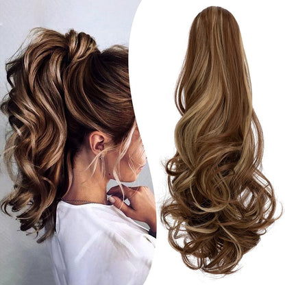 Mitrygreen Claw Clip Ponytail Extension front view showing the 18 inch long wavy ash blonde mix hairpiece.