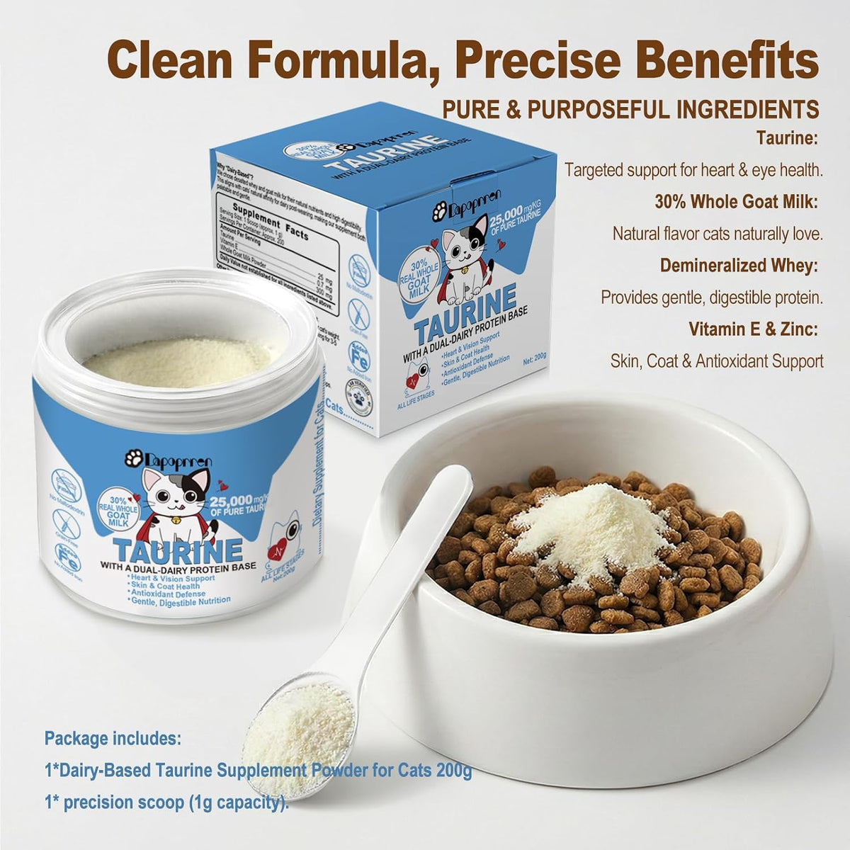 Dapoprren cat amino acid formula with 30 percent whole goat milk.