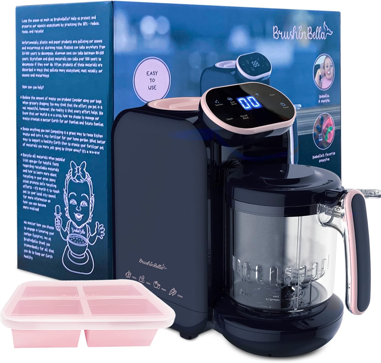 BrushinBella 5 in 1 baby food maker front view with touch screen interface