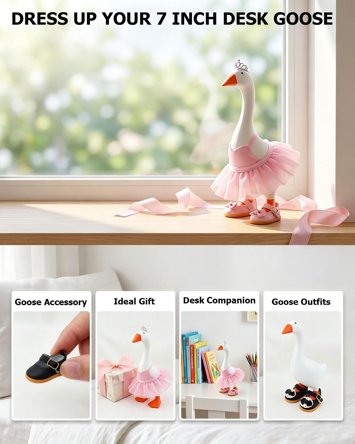 White mini shoes for seven inch desktop goose display showcasing the secure strap fastener mechanism.