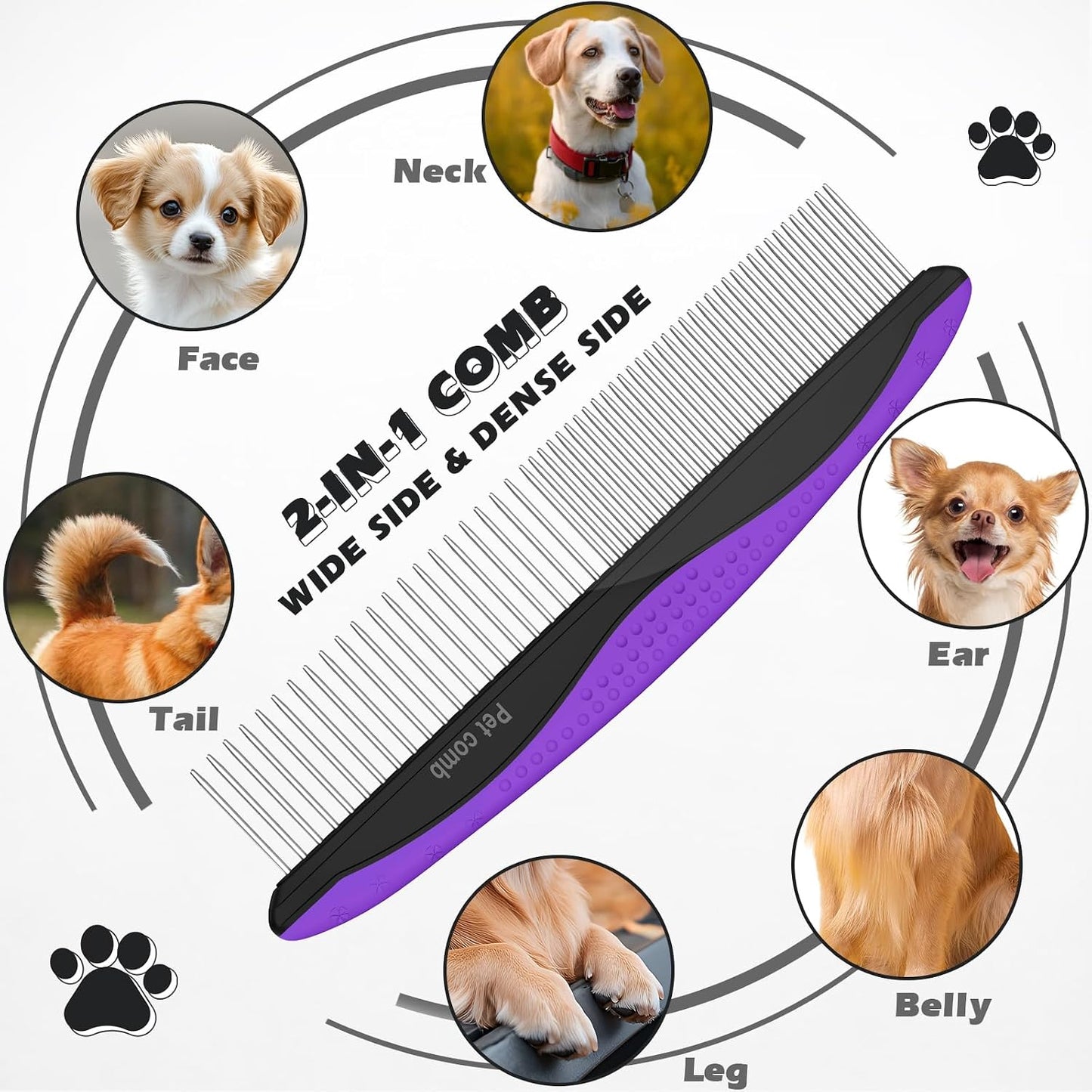 Ergonomic purple and black gel handle pet brush being held to demonstrate non-slip grip.