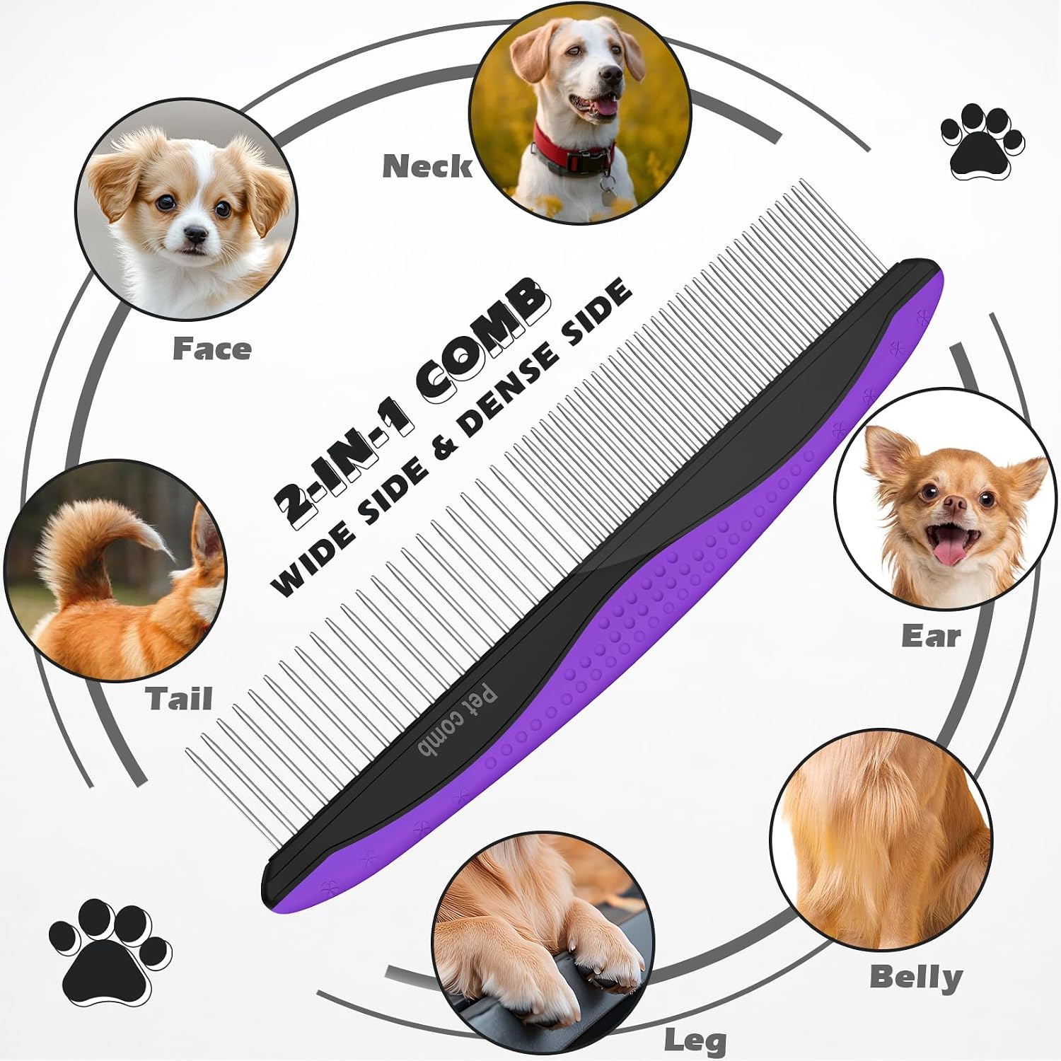 Ergonomic purple and black gel handle pet brush being held to demonstrate non-slip grip.