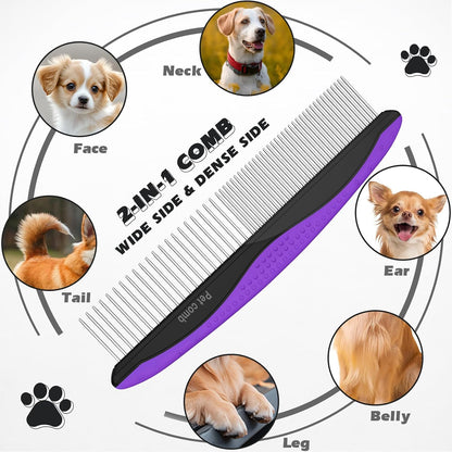 Ergonomic purple and black gel handle pet brush being held to demonstrate non-slip grip.
