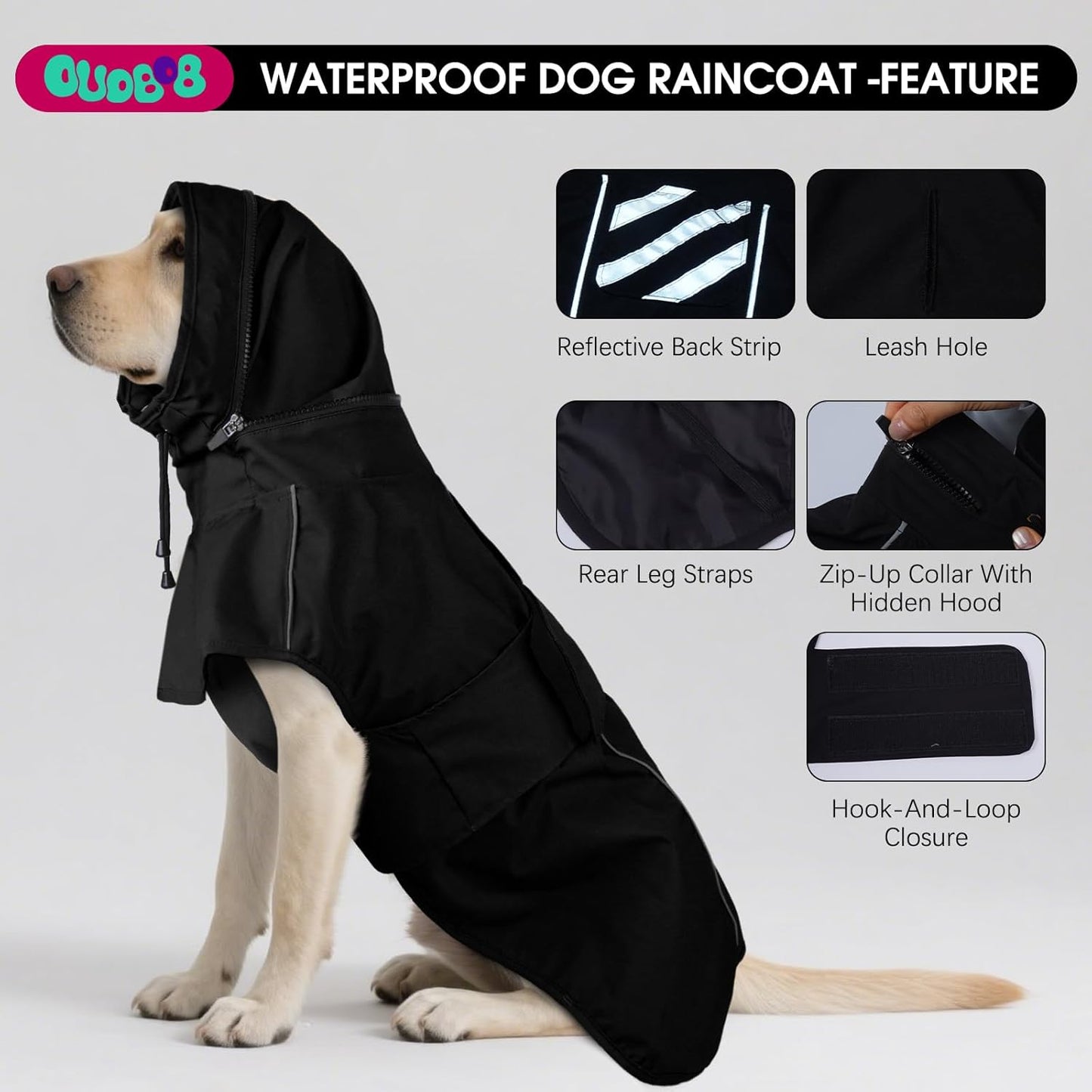 Black four extra large pet poncho showing hidden hood design