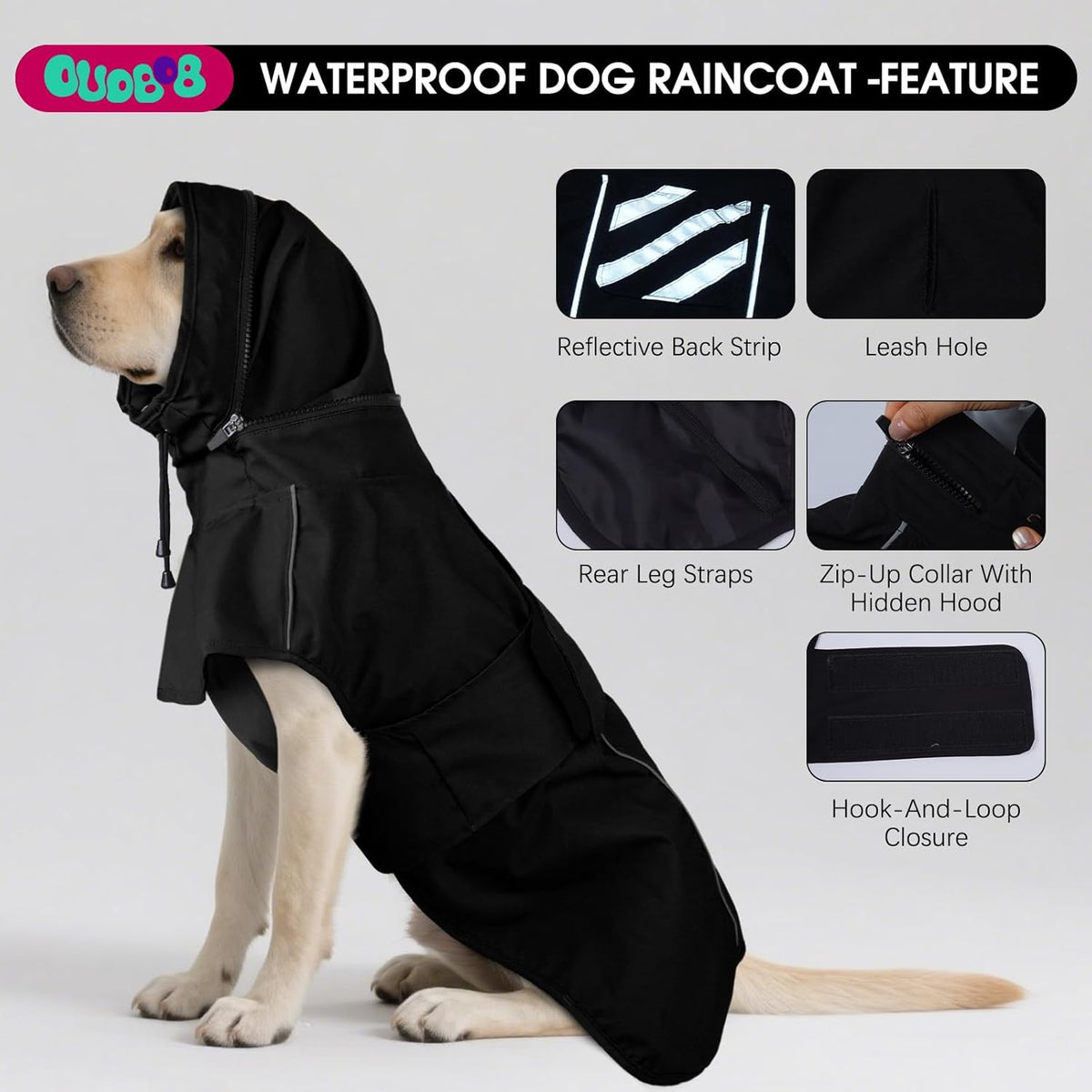 Black four extra large pet poncho showing hidden hood design