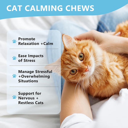 Premium feline calming chewable tablets with valerian root and organic chamomile close up