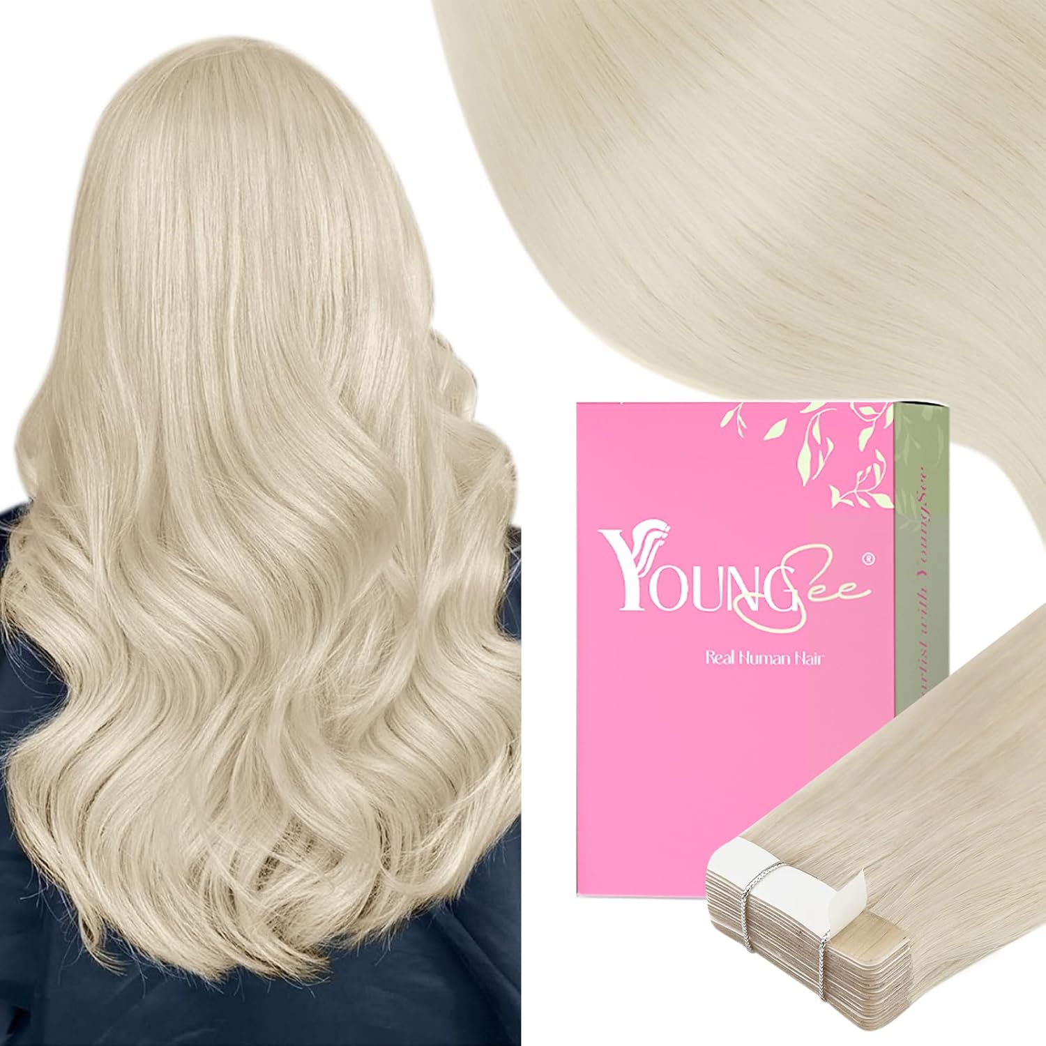 YoungSee 24 Inch Platinum Blonde Tape In Hair Extensions front view of the packaging and extensions.