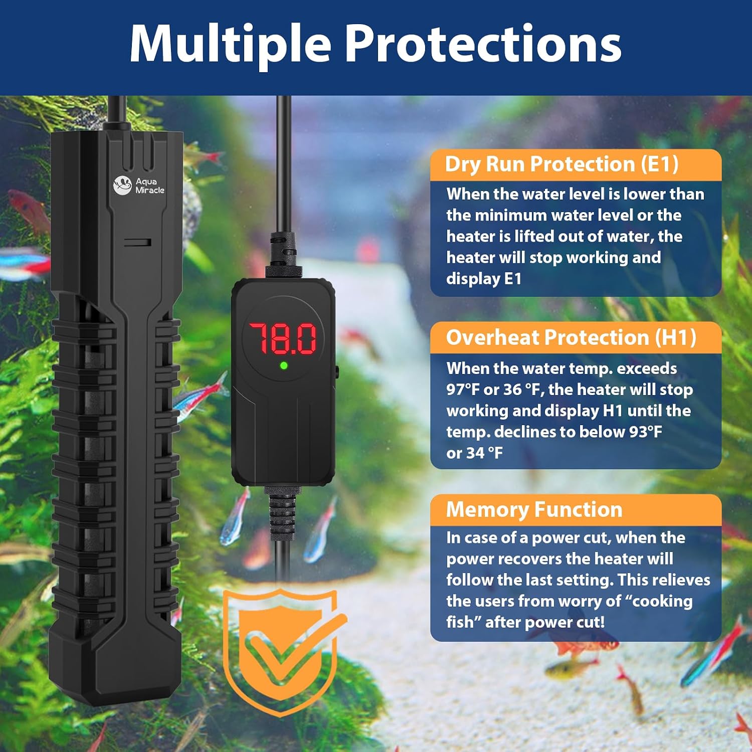 AquaMiracle heater inside an aquarium setup for 40 to 75 gallon tanks