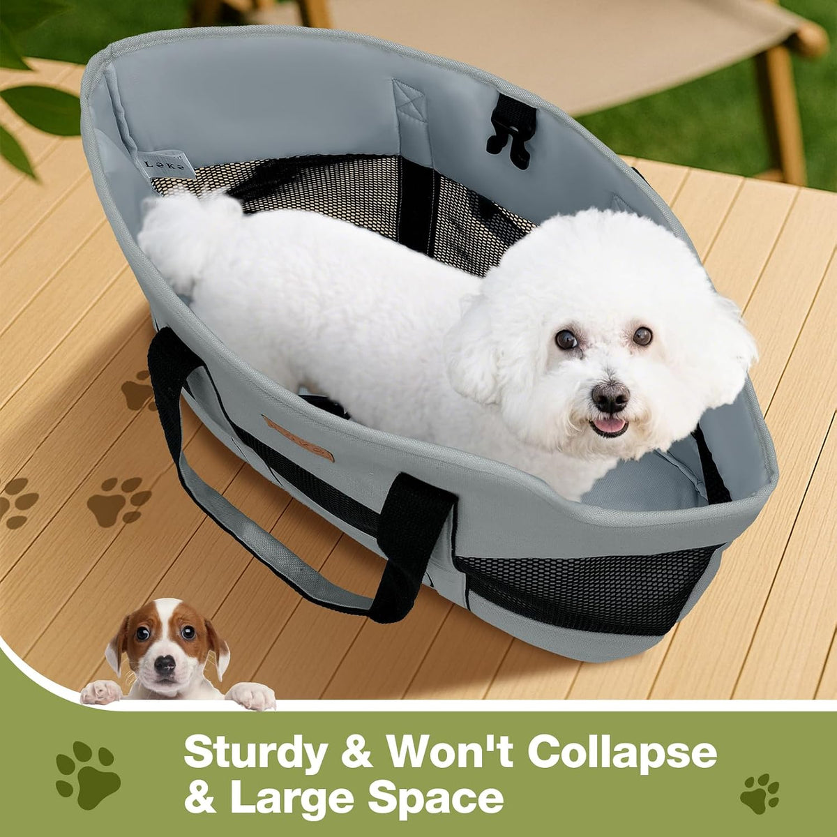 Small dog sitting comfortably inside Lekereise purse carrier