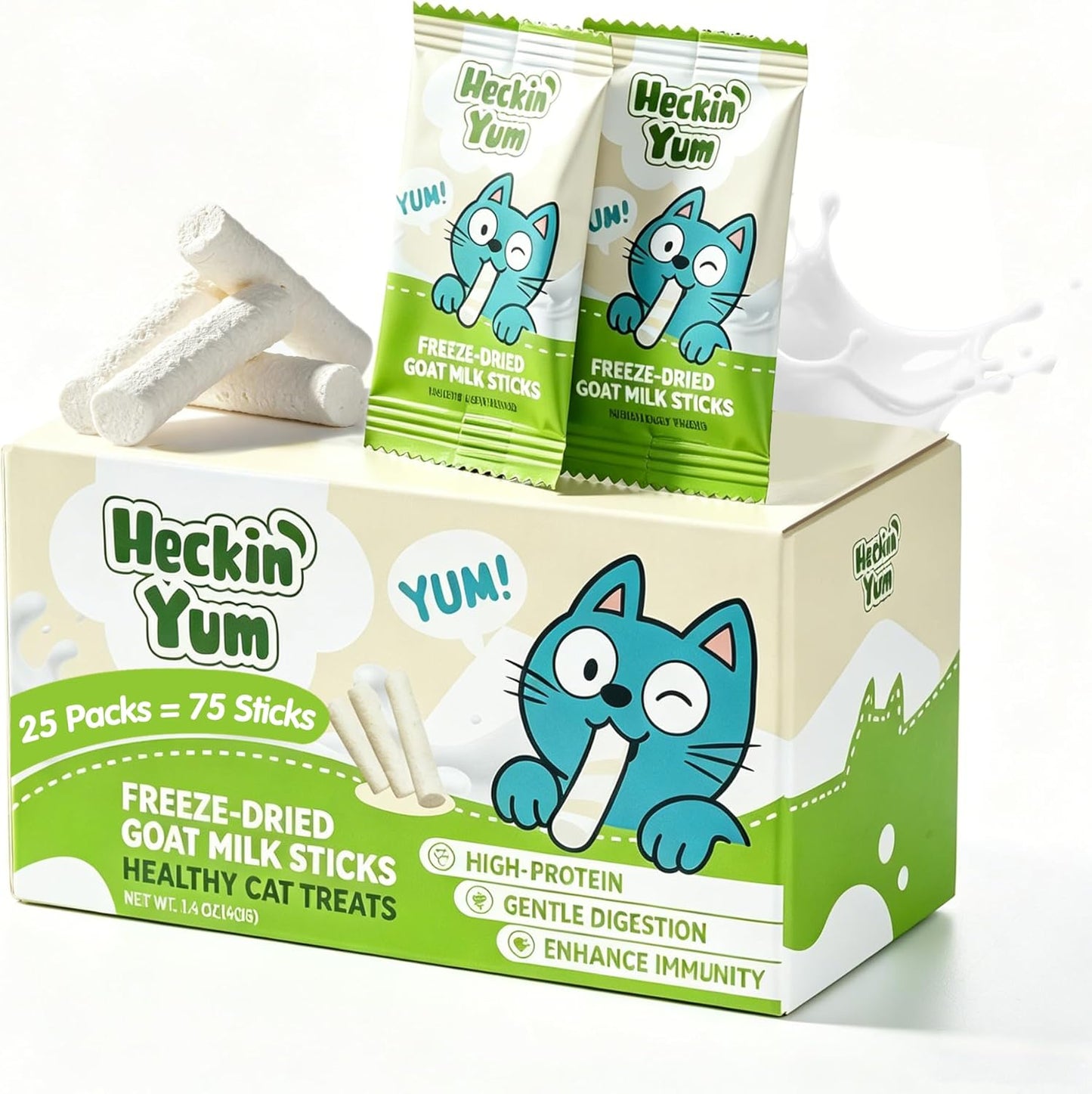 Catit Heckin Yum freeze dried chicken cat treats 25 pack front view showing packaging details.