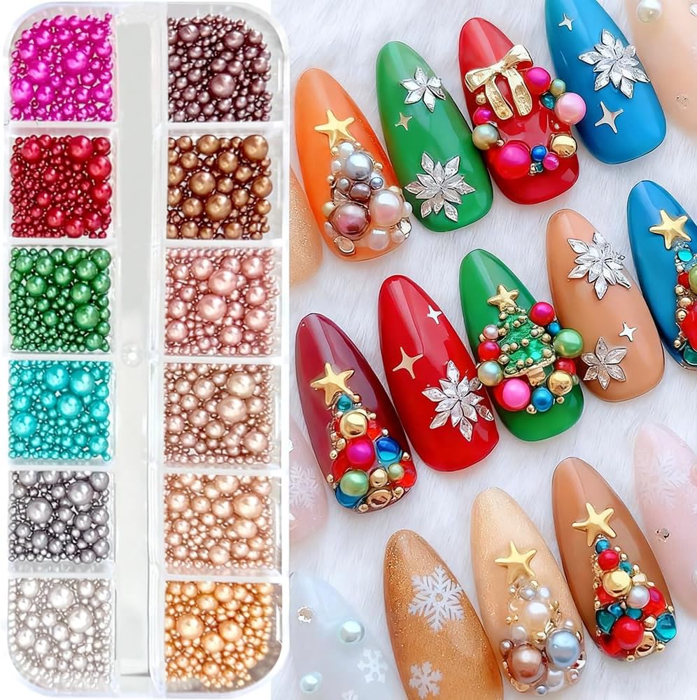 Jaliya 12 colors mix size nail pearls and Christmas charms set front view