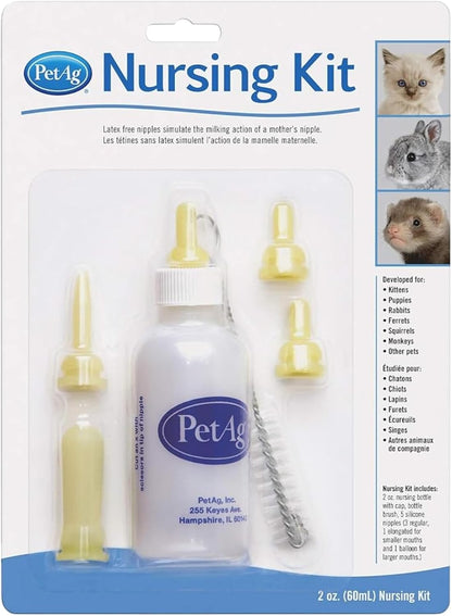 Back of packaging for PetAg Complete Nursing Kit showing usage directions and veterinary design details.