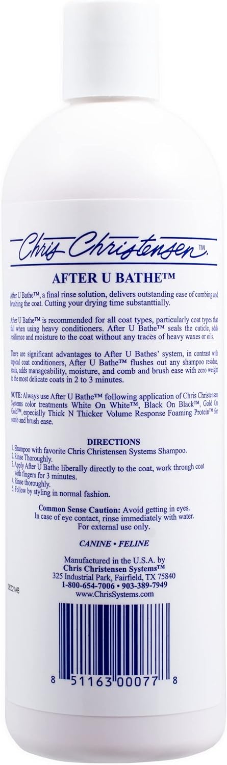 Chris Christensen After U Bathe 16 Ounce bottle showing directions and product features