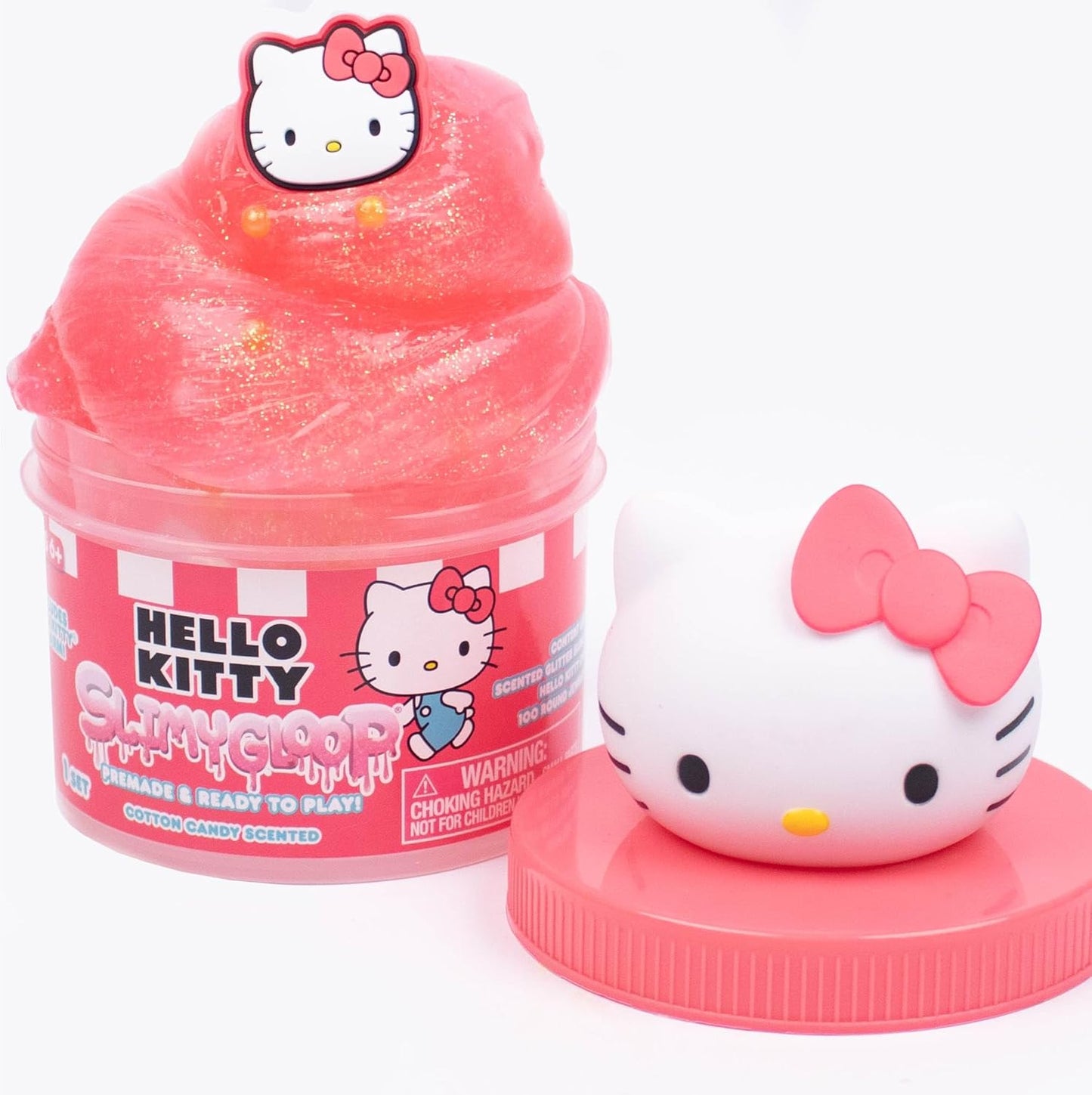 Horizon Group USA Hello Kitty SLIMYGLOOP jar front view showcasing red and white swirled pre-made slime.