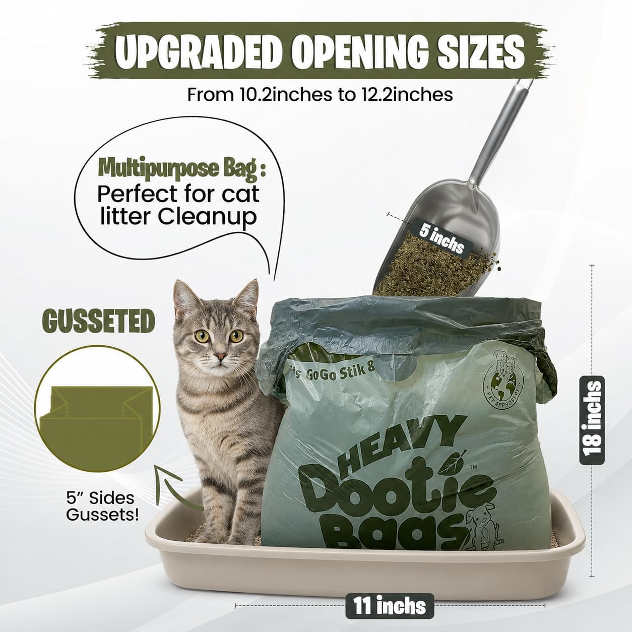 Heavy duty cornstarch blend dog poop bags displaying the wide expanding side gussets for large capacity.