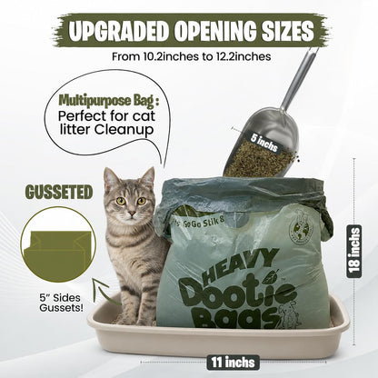 Heavy duty cornstarch blend dog poop bags displaying the wide expanding side gussets for large capacity.